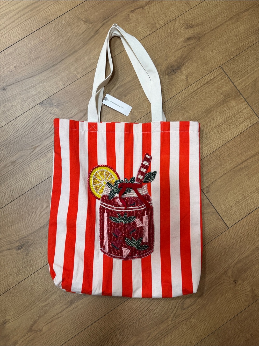 Anthropologie Red & White Striped Canvas Tote with Beaded Beverage Motif